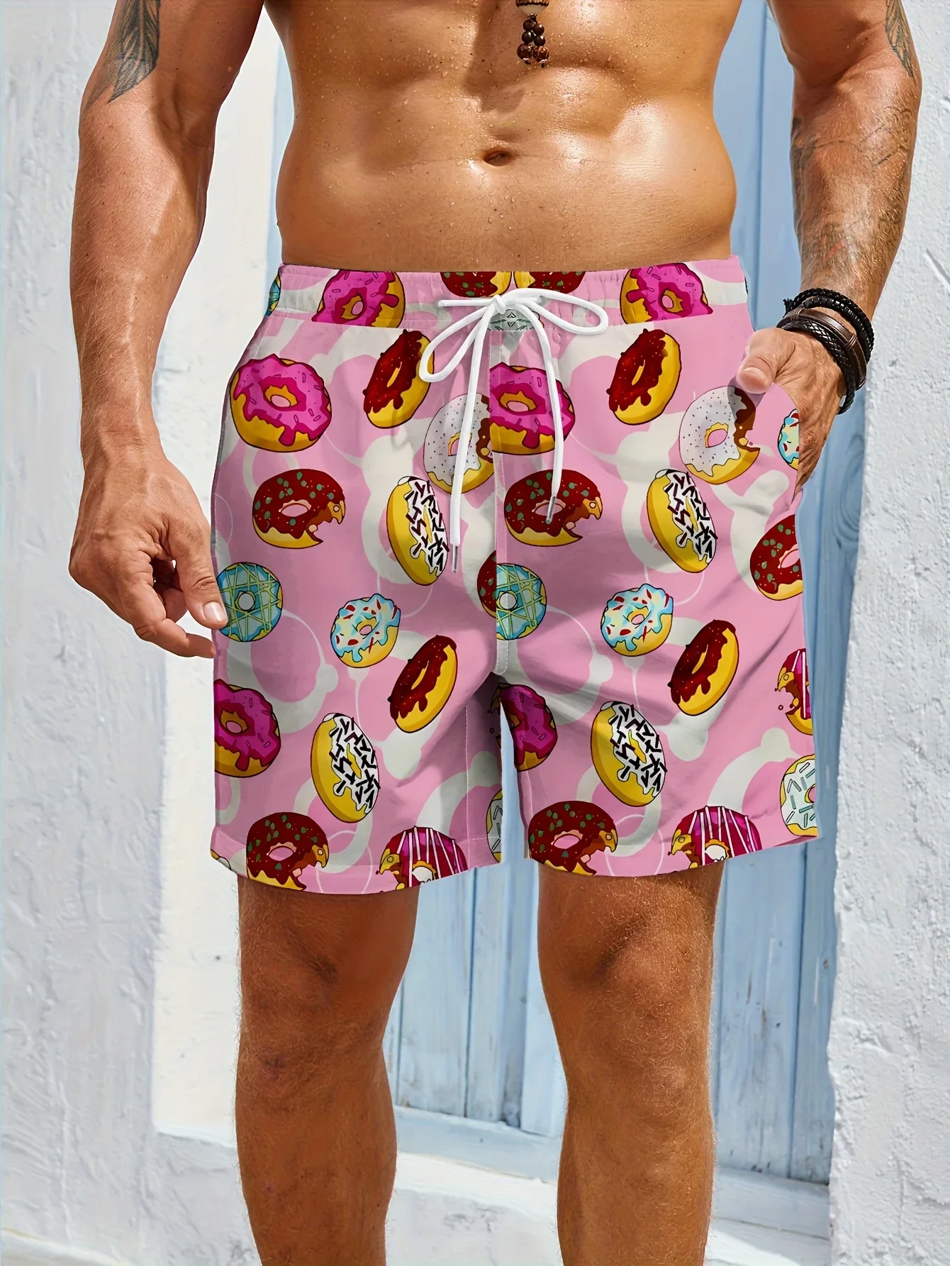Hawaiian Cartoon Ice Cream Popsicle Beach Shorts Water Repellent Polyester Elastic Waist Breathable Swim Trunks
