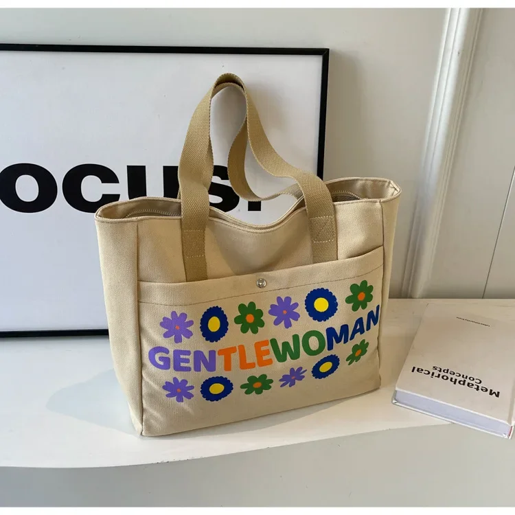 

2024 Hot Seller New Fashion Summer Canvas Women Flower Shoulder College Students Tote Commuter Tote Bag Purse Handbags