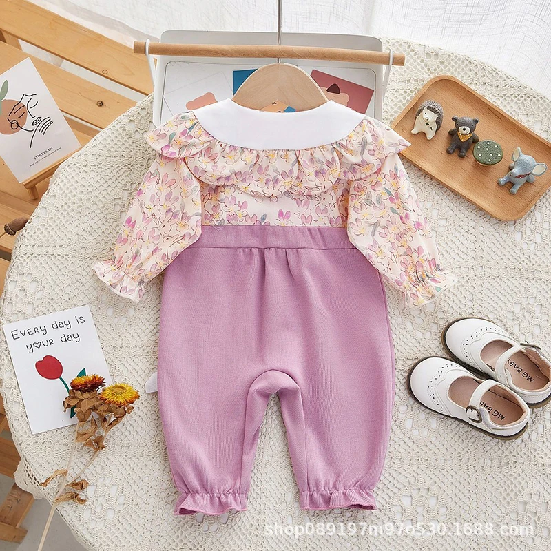 MILANCEL New Autumn Baby Girls Clothes 0-2Y Infant Sweet Embroidery Peter Pan Collar Romper Floral Patchwork Princess Jumpsuit