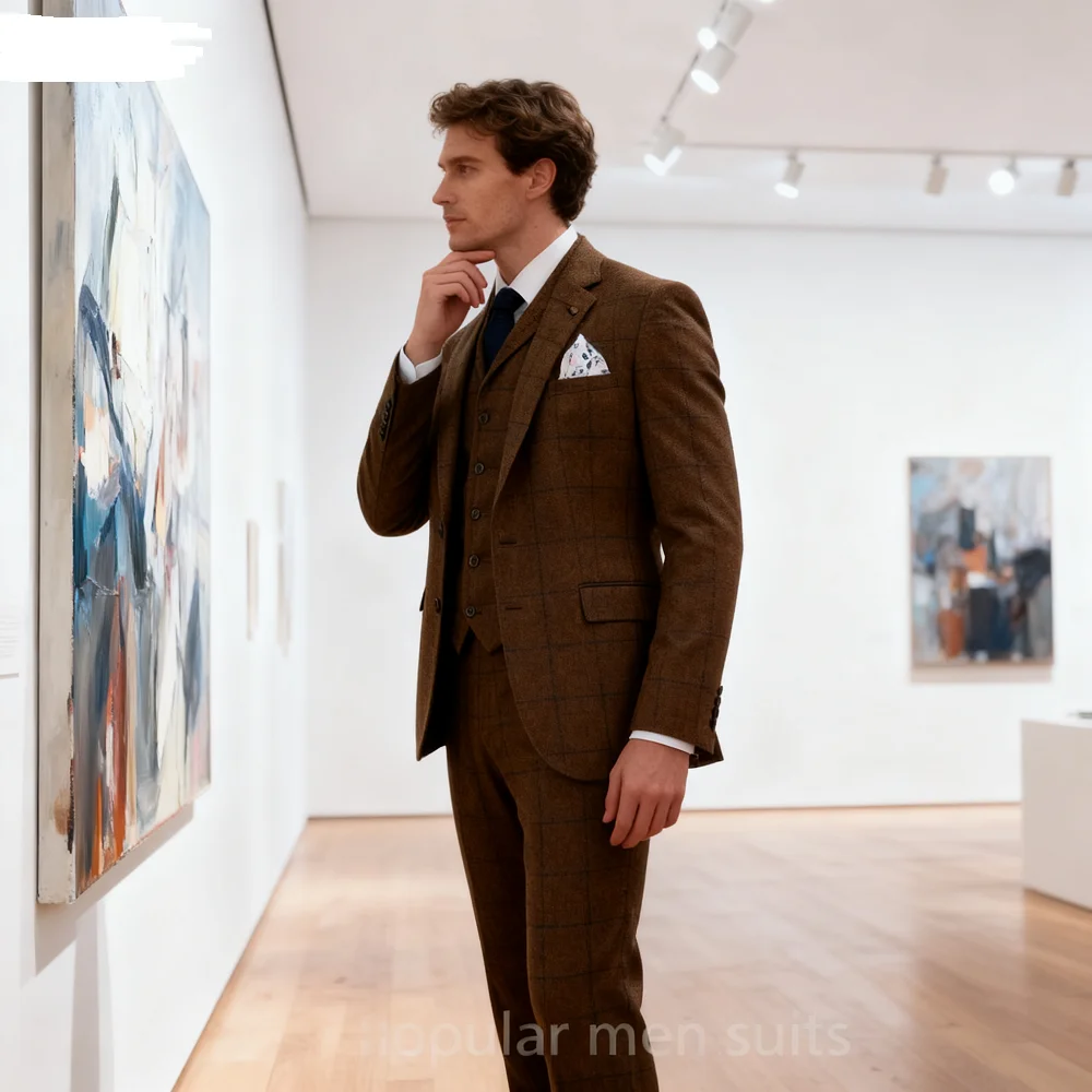 

Мужской коричневый твидовый деловой костюм из трех предметов, приталенный костюм для свадьбы, жениха, подтвержденный курительный лацкан с лацканами для деловой вечеринки Ternos Masculinos