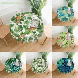 Nappe ronde décorative avec feuilles de palmier tropicales et fleurs, couverture de table circulaire, degré d'eau verte, cuisine, salle à manger, pique-nique