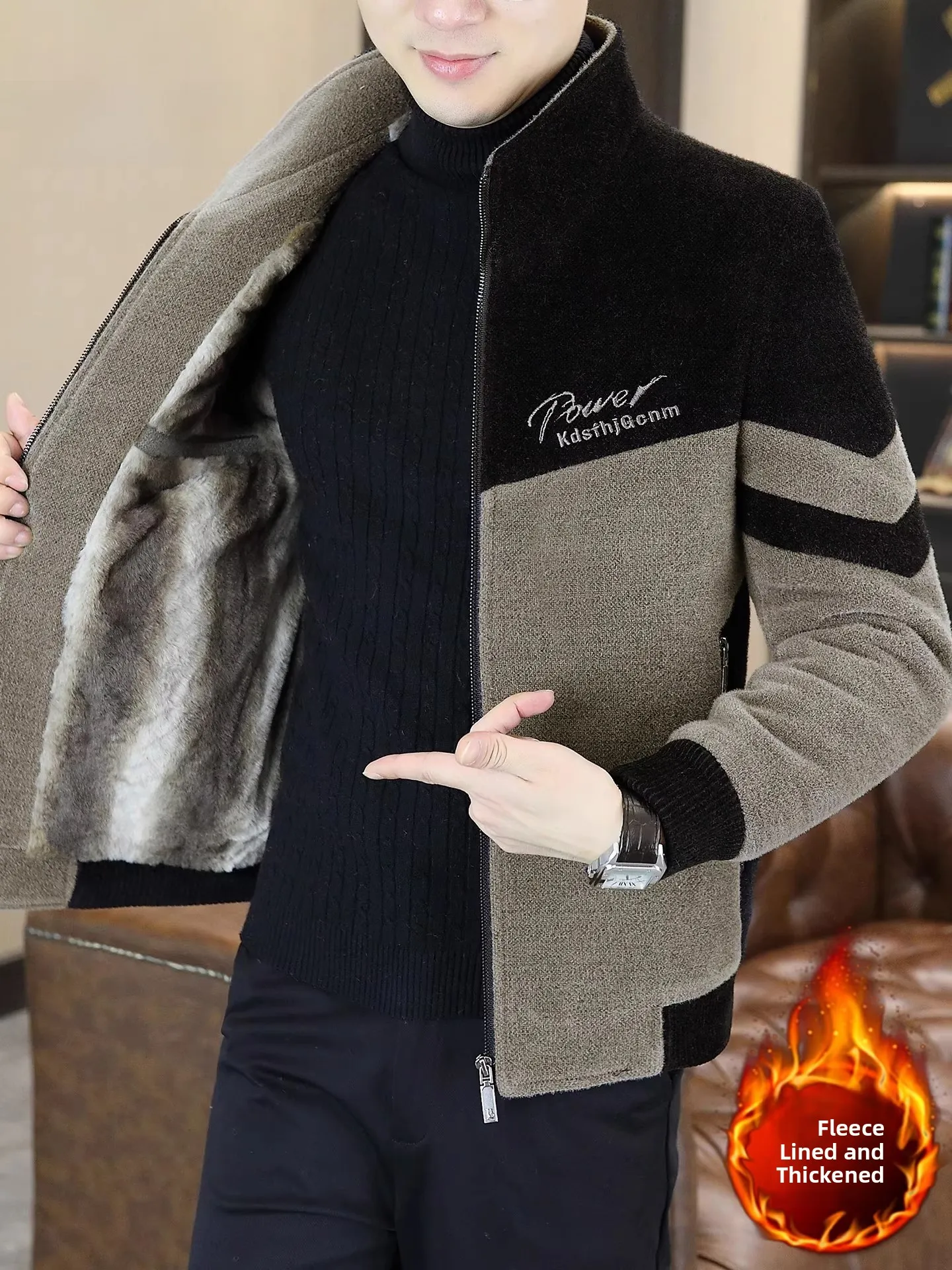 

Pierre Cardin Men's Thiened ort Jaet Autumn Winter Woolen Coat Stand Collar Casual Sli Golden Mink Velvet Coat