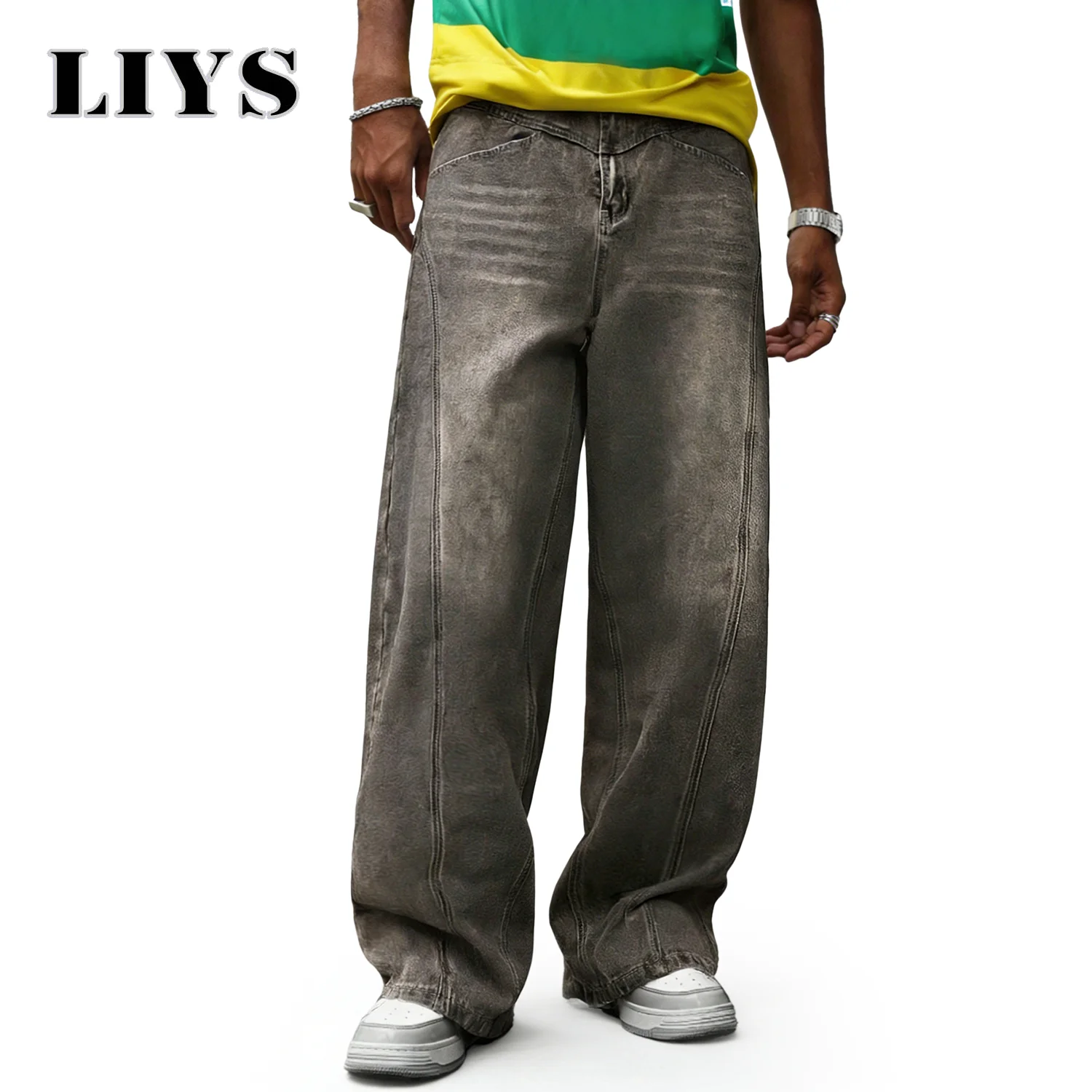 

Мужские джинсы LIYS в американском ретро-стиле, ультра-свободные, широкие, с эффектом потертости, на четыре сезона, с разрезами, джинсовые брюки унисекс, джинсы-клеш.
