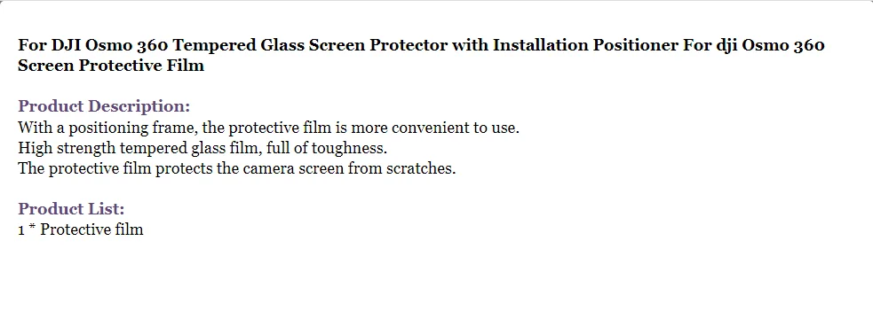

For DJI Osmo 360 Tempered Glass Screen Protector with Installation Positioner Protective Film for Camera