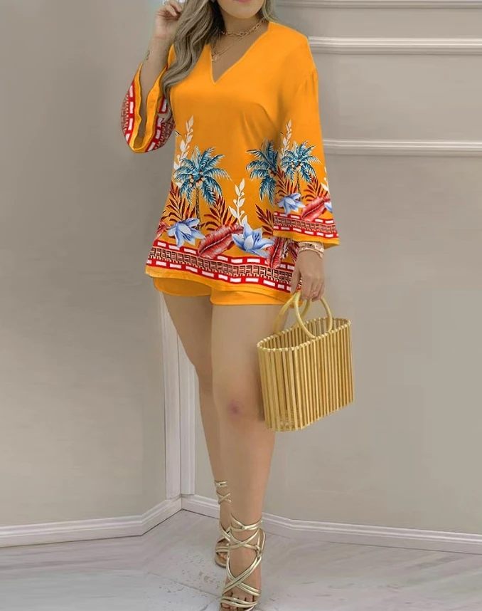 Women's Commuting Suits 2024 Spring/summer Latest Retro V-Neck Tropical Coconut Tree Print Bell Sleep Top&holiday Shorts Set