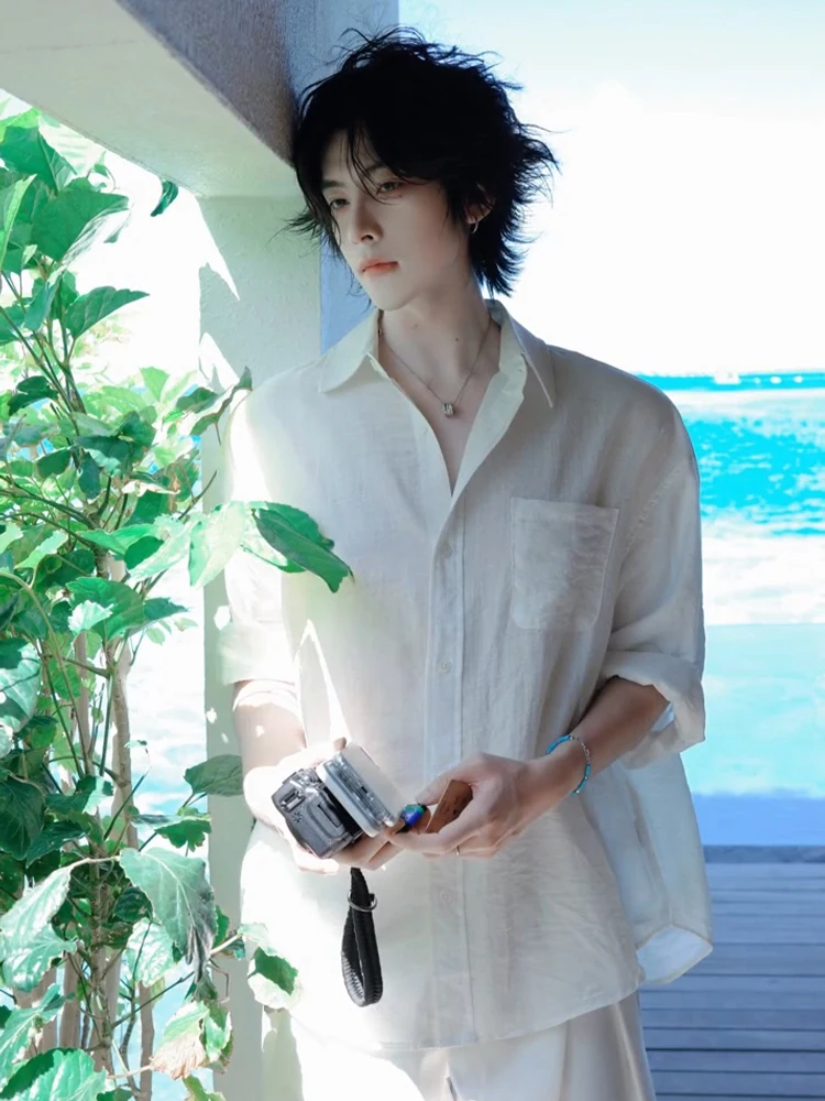 

White Minimalist Linen Silk Men's Shirt Summer Lightweight Long Sleeve Loose Fit Sun Protection Breathable Casual Button up