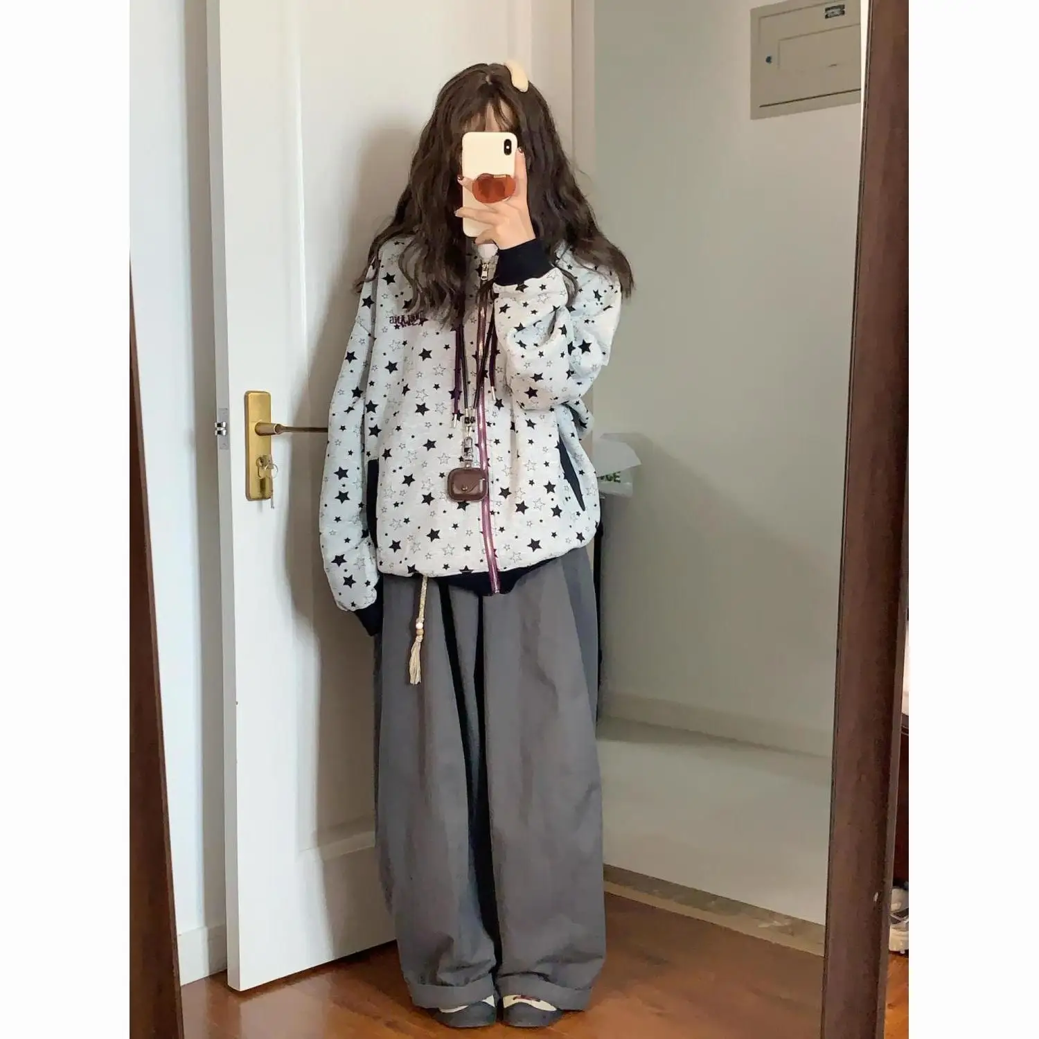 プリント刺繍ジッパー中国綿複合薄型ルーズファッショナブルな韓国スタイルデザイン花柄スター