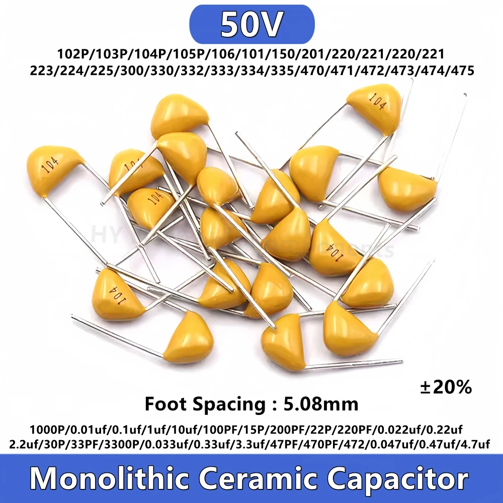 

50PCS Monolithic Ceramic Capacitor 50V 101 102 103 104 105 220 330 475 100PF 0.1UF 22P 33P 470 PF 4.7 10uf 0.047uf NF Multilayer