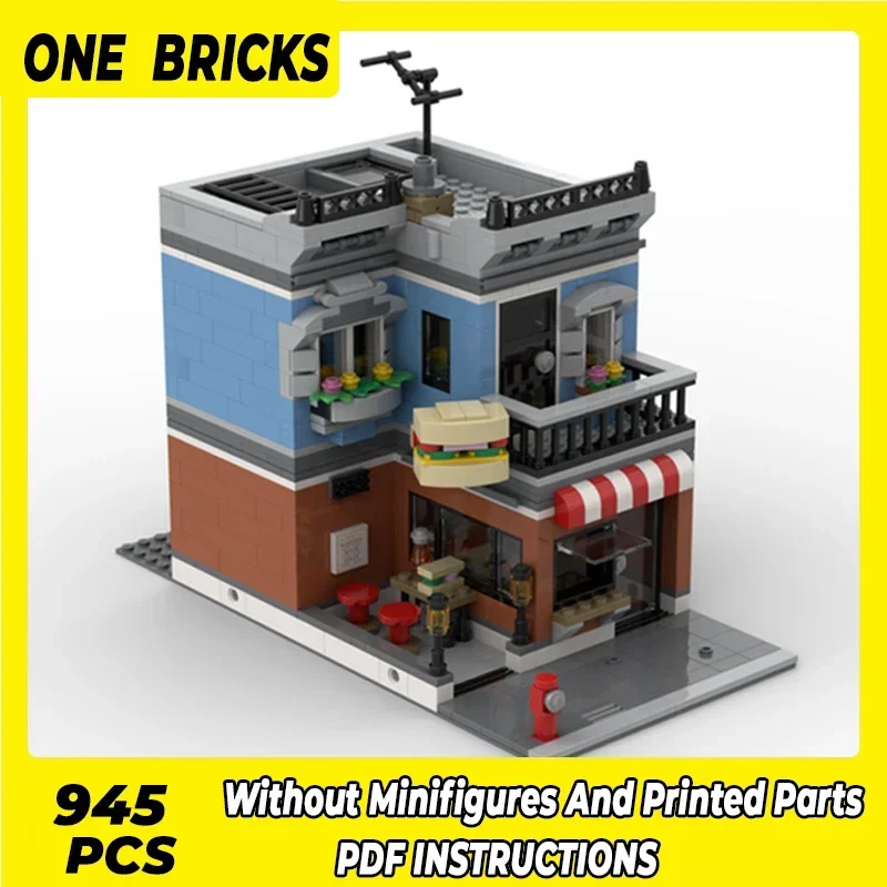 Moc Building Blocks Street View Model Street Burger Shop Technical Bricks DIY Assembly Construction Toys For Childr Holiday Gift