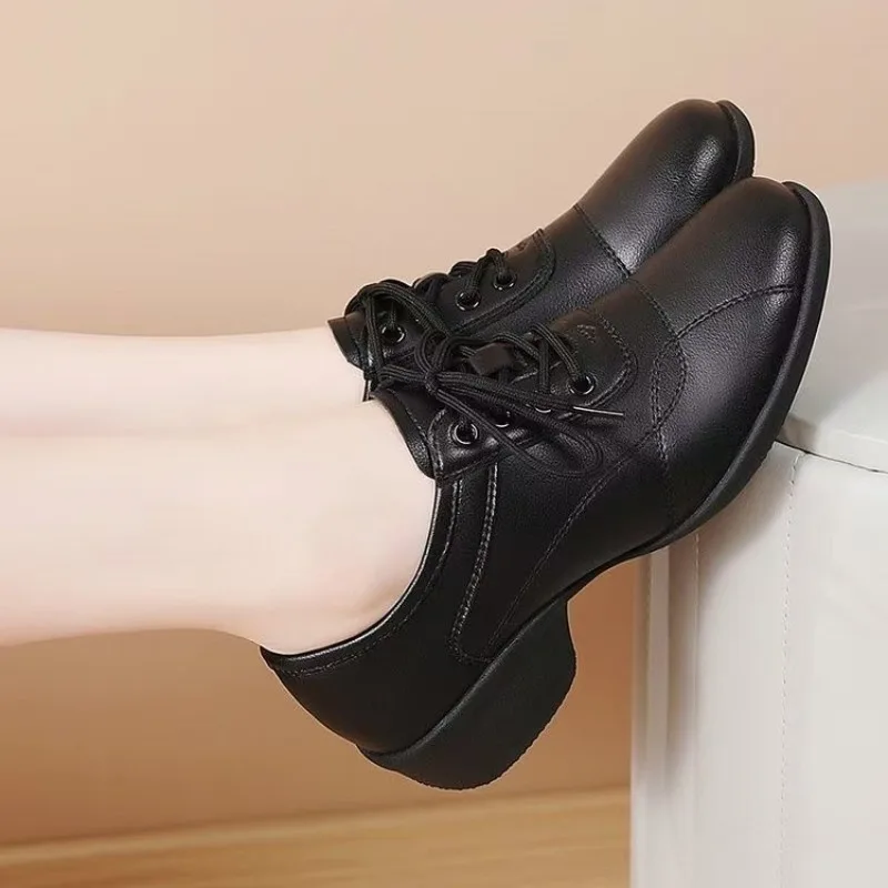 Women Low Heel Dance Sneakers Lace‑Up Soft Faux Leather Round Toe Non‑Slip Ballroom Dancing Shoes view 3