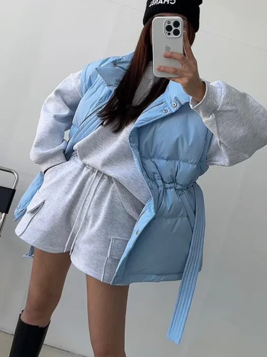 シックな秋冬厚手の綿ベスト女性のファッションスタンドカラーウエスト締めシングルボタンジャケットアウター