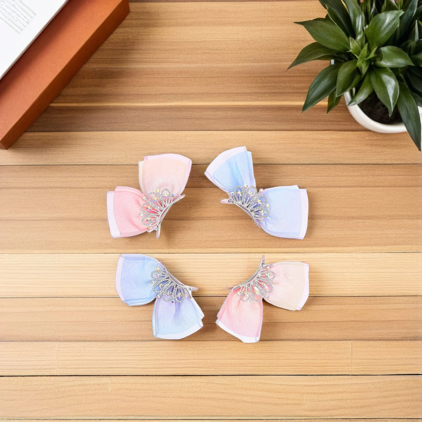

4pcs Princess Hair Clips Crown Tiara Bowknot Barrettes Sparkly Rhinestone Mesh Hairpins Baby Girl Accessories Toddler Kids