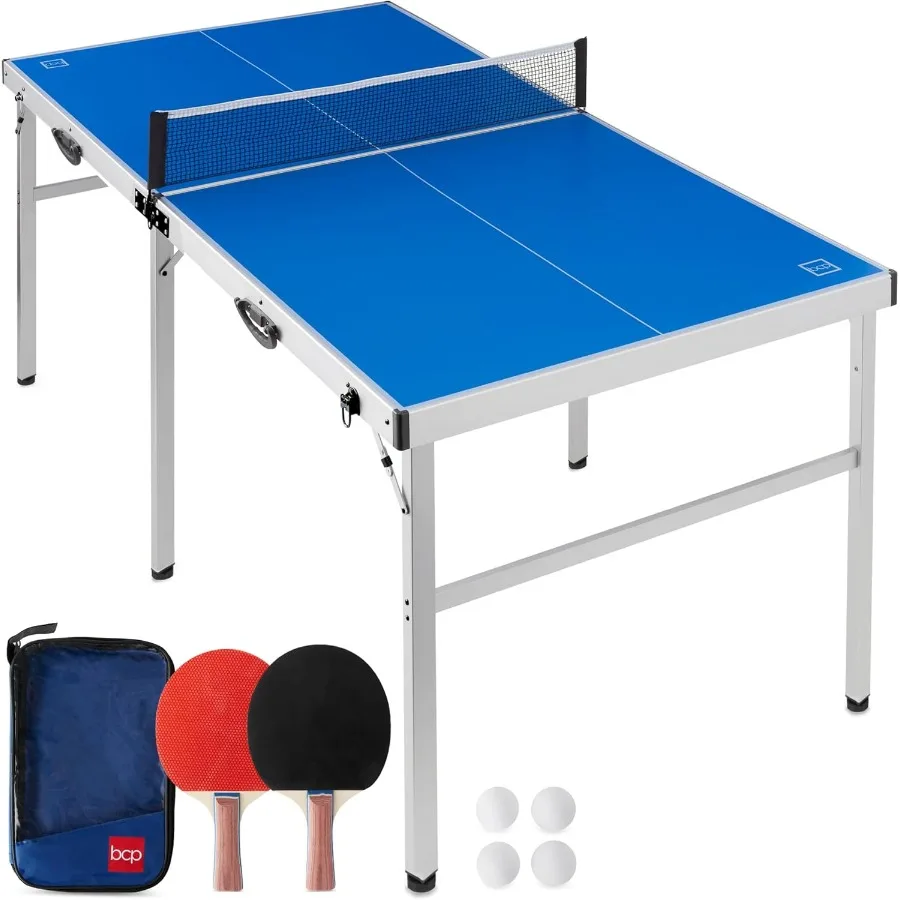 

6x3ft Portable Mid-Size Folding Ping Pong Table for Indoor and Outdoor Use with 2 Rackets 4 Balls and Carry Bag Ideal for Home