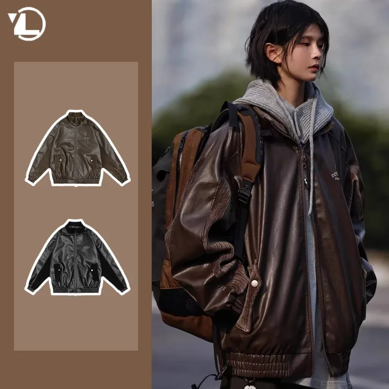 

2024 Men Bomber PU Leather Jacket Autumn Patchwork Unisex High Street Motorcycle Coat Faux Leather Fashion Embroidery Outwear