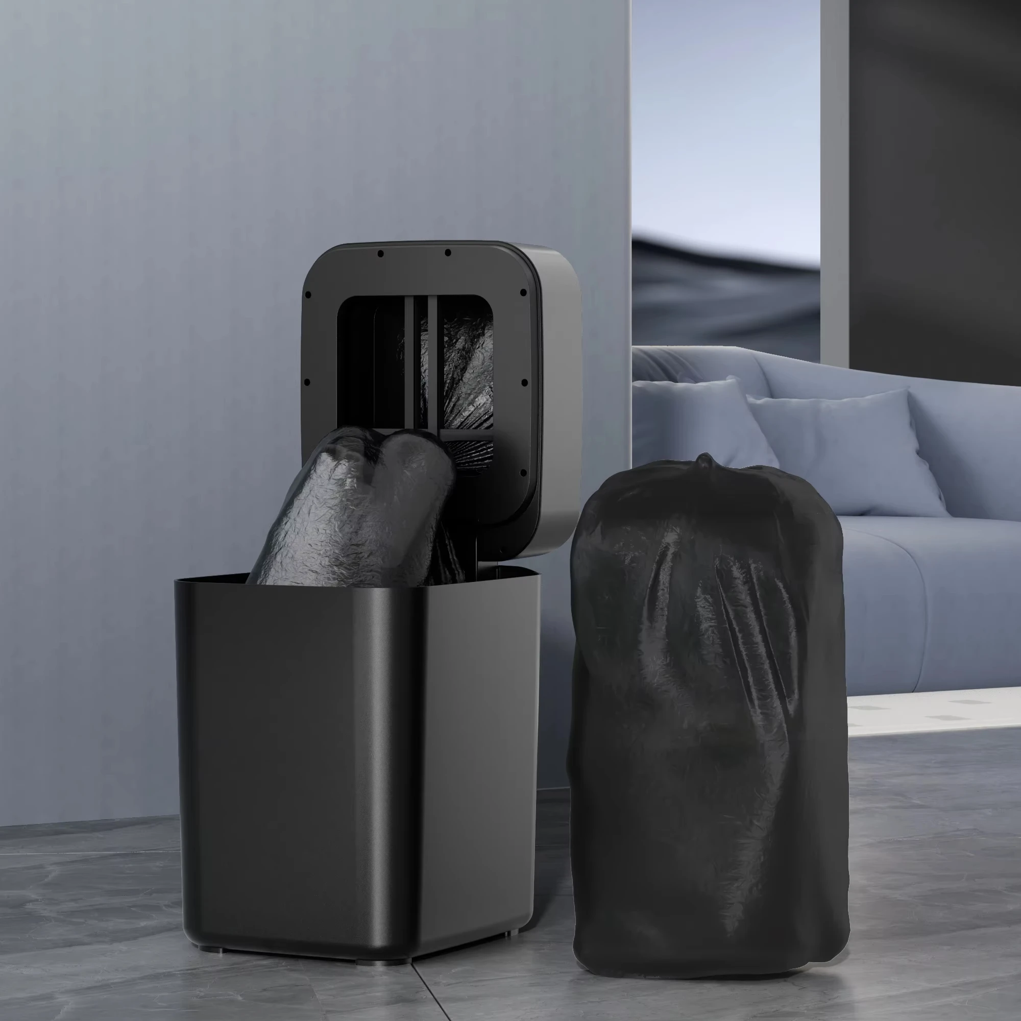 Creative 17L Black Square Trash Can Open Top Automatic Bagging Storage for Home Toilet Bathroom Dustbin Cute Black Garbage Bin