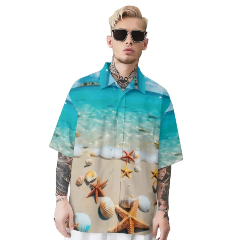 

Starfish Print Shirt Men's Hawaiian Beach Chest Pocket Shirt Casual Short Sleeve Daily Smart Business Shirt For Men