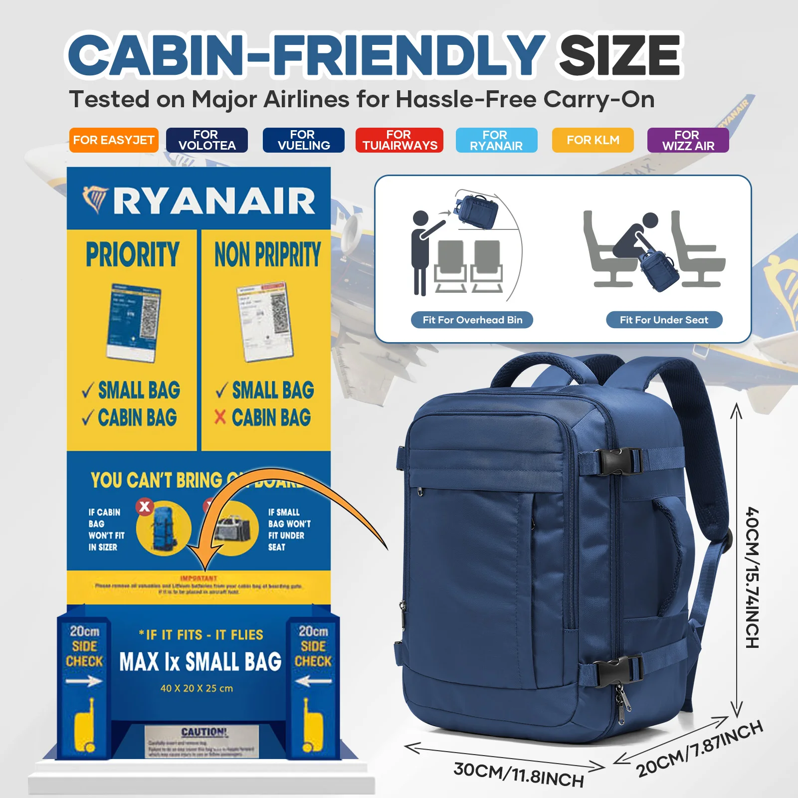 حقائب Ryanair Cabin مقاس 40 × 30 × 20 حقيبة ظهر للسفر تحت المقعد، حقيبة ظهر مريحة للرجال في الهواء الطلق حقيبة ظهر للأعمال حقيبة تخزين للكمبيوتر المحمول