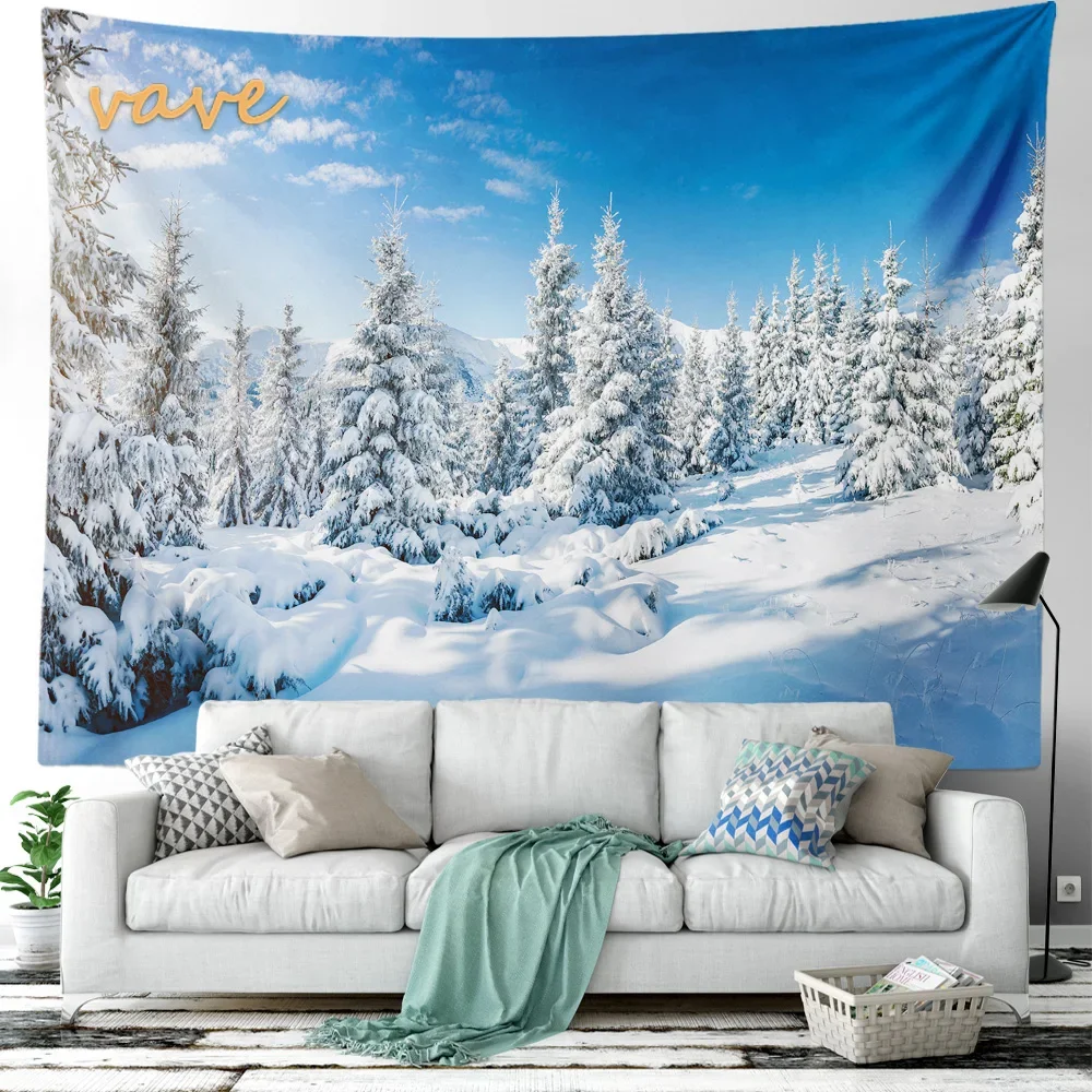 Tapisserie de forêt de neige d\'hiver paysage de montagne grand tissu tenture murale tapisserie esthétique maison chambre décoration de noël