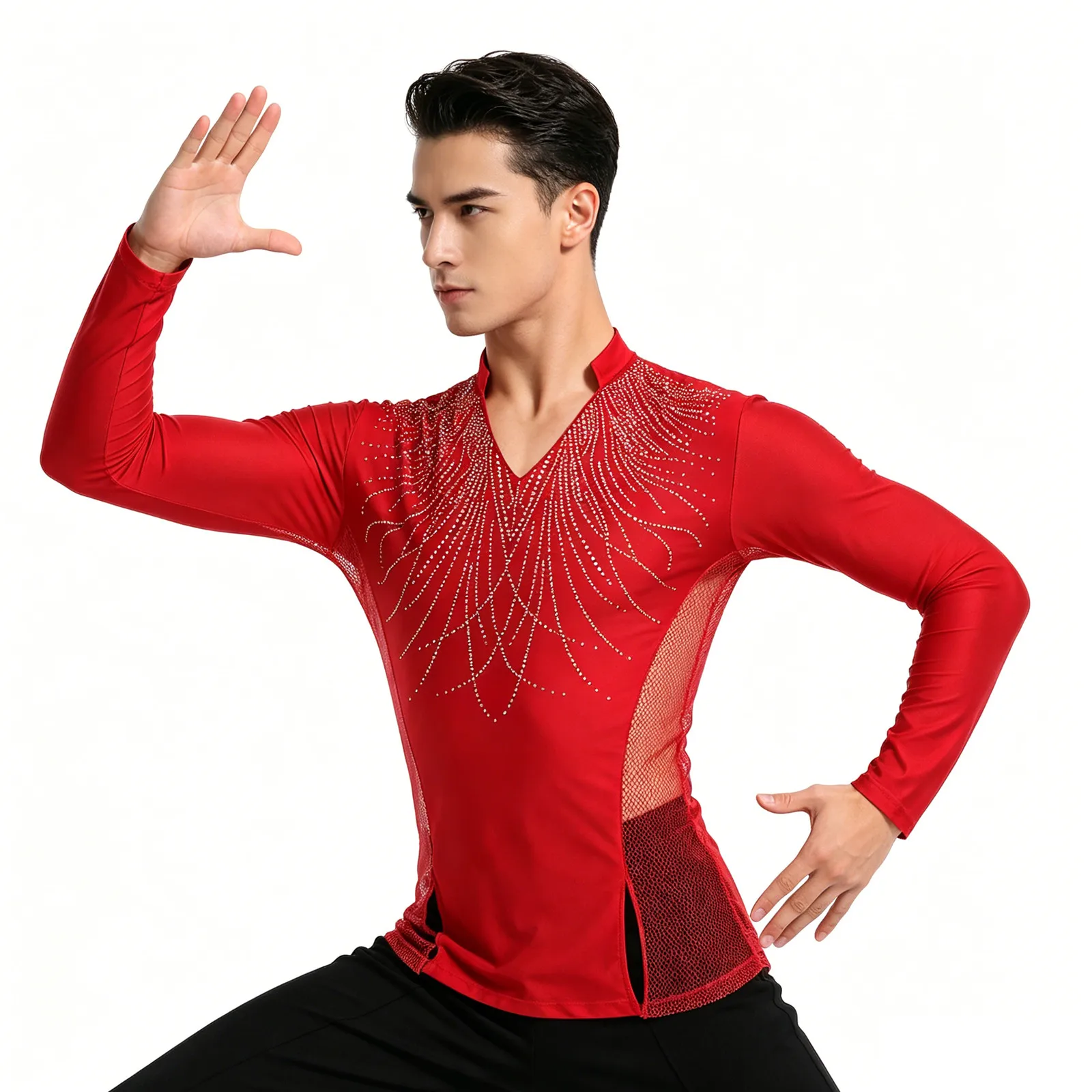 Mens Gymnastics Latin Salsa Rumba Ballet Dance Top Glittery Rhinestones Split T-shirt Top Gymnastics Skating Performance Costume