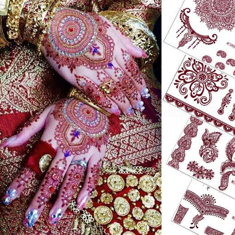 Tattoo Stickers Waterproof Brown Red Semi Permanent Lace Henna Tattoo Decals Body Art Transfer Fake Tattoos Women Tattoos Art