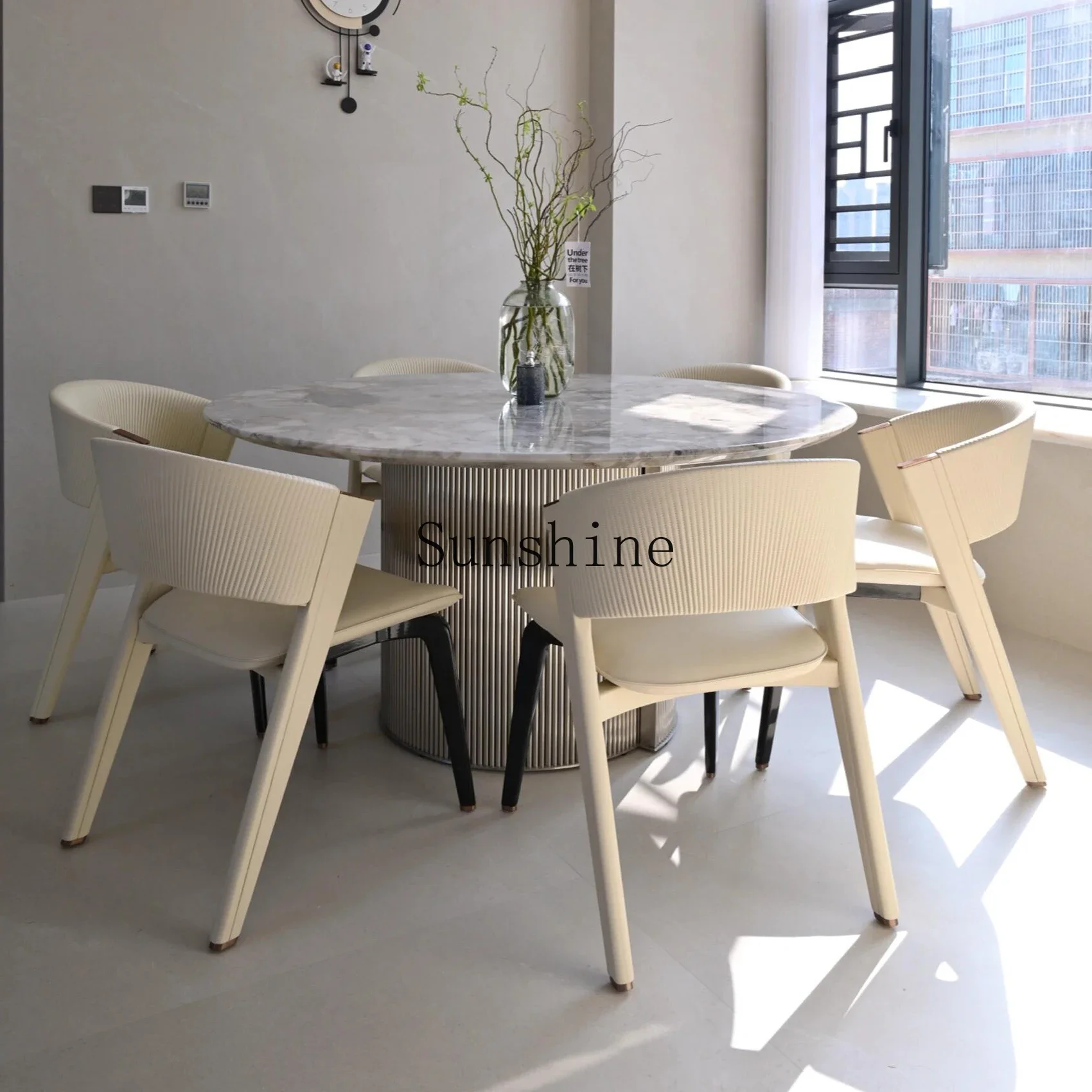 

Light luxury natural gray marble round dining table high-end villa round dining table FT