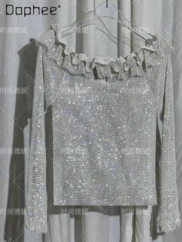 2025 Spring Autumn European American Hollow Diamond-encrusted Off Shoulder Long-sleeved Mesh Diamond Top Fringed Slim Skirt Suit