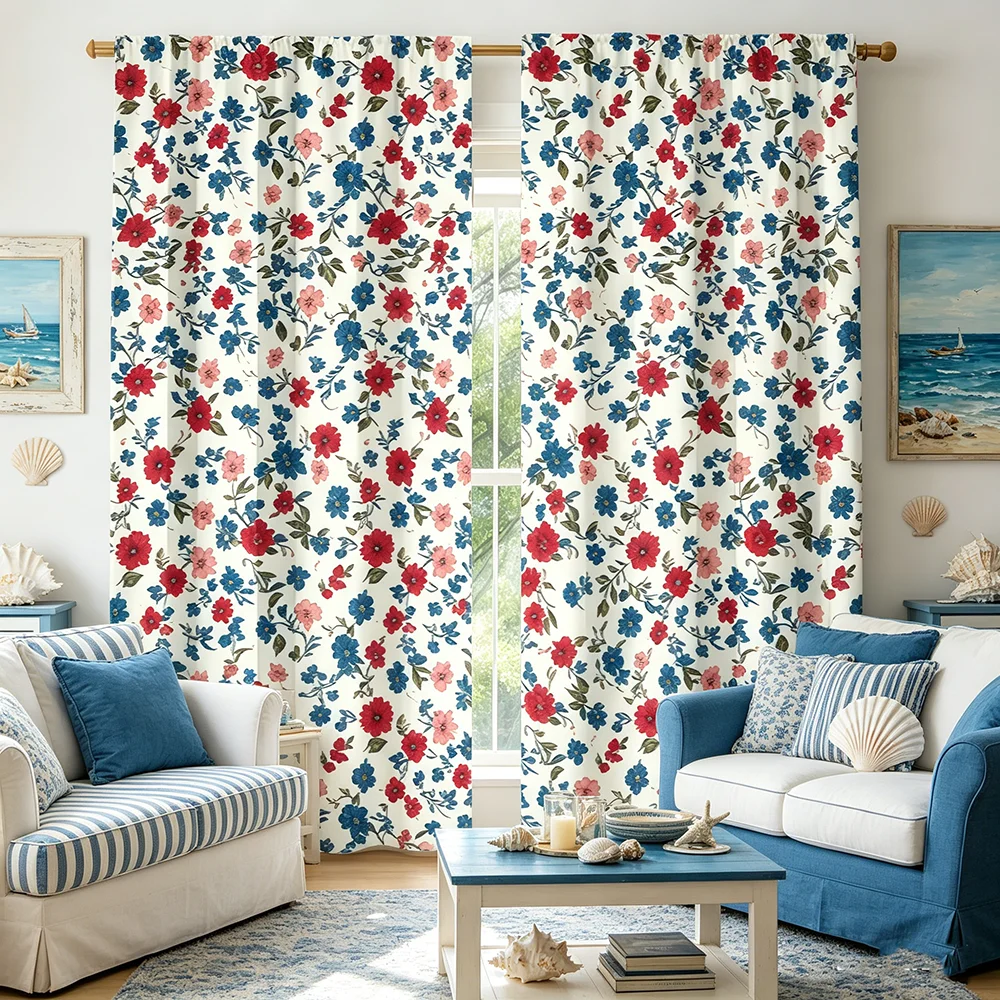 2PCS Digital Printed Curtains, Red Blue Ditsy Floral Vintage Cottage, Rod Pocket Window Drapes for Living Room Bedroom Decor