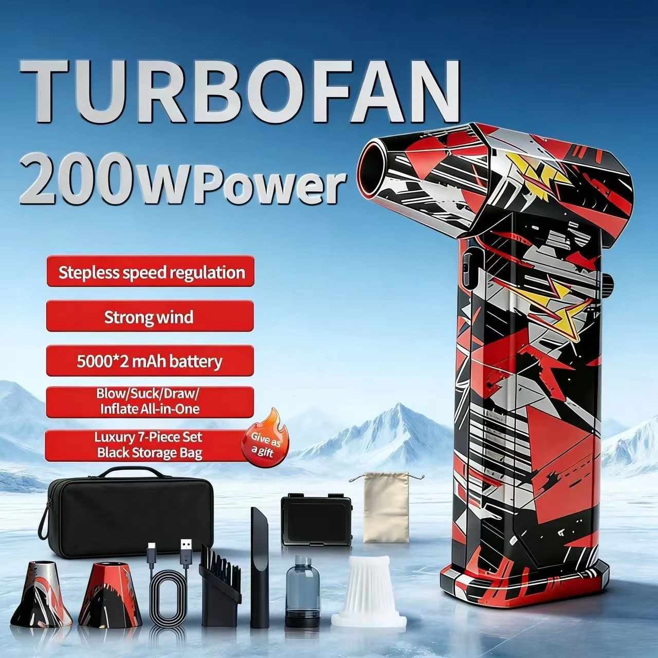 

X9 Brushless Vacuum Fan (Silver-Black-Red), 300000 RPM, 75m/s, Turbo Jet Blower, Car Wash Gun, Dust Collector