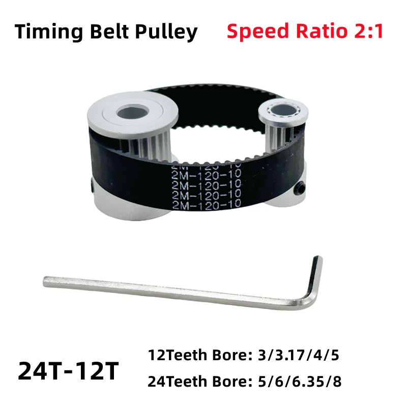 2GT Timing Pulley Set 2:1 Reduction Ratio Transmission Component 24T 12Teeth Belt Width 6mm/10mm Bore 3~8mm GT2 Pulley Belt Kit