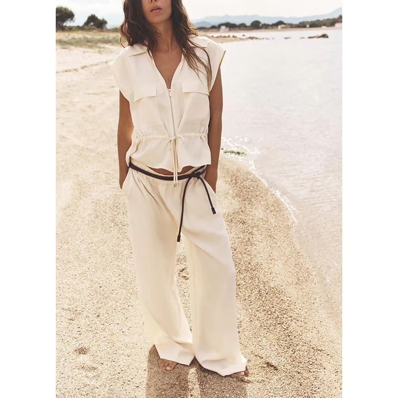 

New Summer Camouflage Outfit V-Ne Neutral Sle Top Elastic Waist Wide Leg Pants Zipper Closure Faion Set Women's Clothing