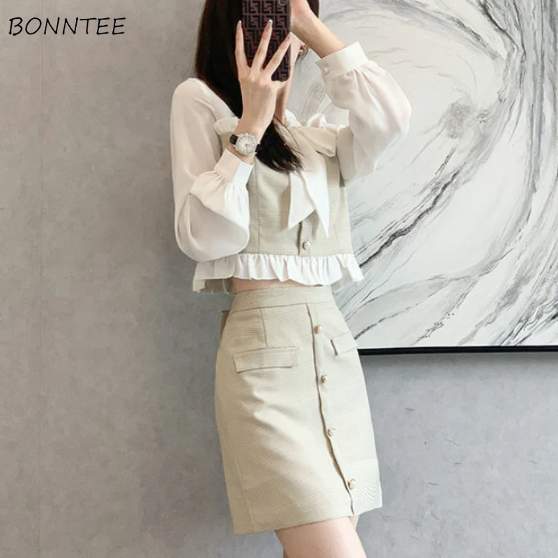 

Women Sets Shirts Long Sleeve Bow Trendy All-match Skirts High Waist Bodycon Fake Pockets Stylish Ulzzang Two-piece Streetwear