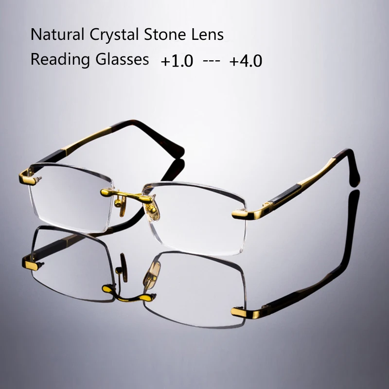 

Rimless Glass Reading Glasses Man Women Natural Crystal Stone Readers Eyeglasses Presbyopic Diopter +1.0 +4.0 Moisturizing Eye