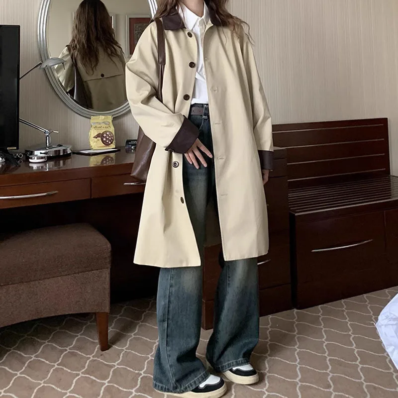 Trench coat di media lunghezza vintage stile college coreano per donna Capispalla beige allentato con risvolto monopetto chic alla moda