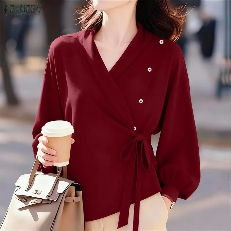 بلوزة نسائية للمكتب من ZANZEA قميص خريف وربيع 2025 أنيق بياقة على شكل V وأكمام طويلة بلوزات متينة برباط علوي بلوزات نسائية