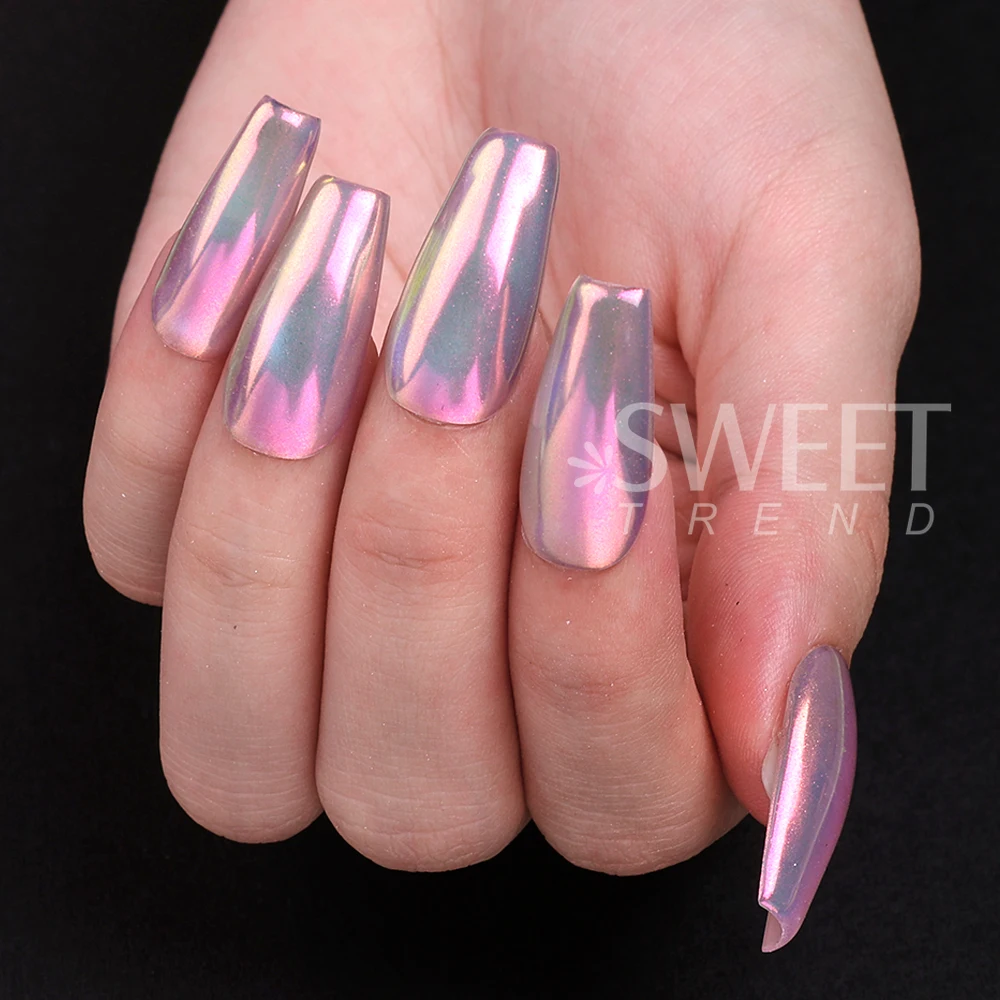 2 ألوان أورورا ضوء القمر مسمار بريق مسحوق قوس قزح مرآة الكروم قزحي الألوان الصباغ الغبار فرك على مسحوق مانيكير الديكور #5