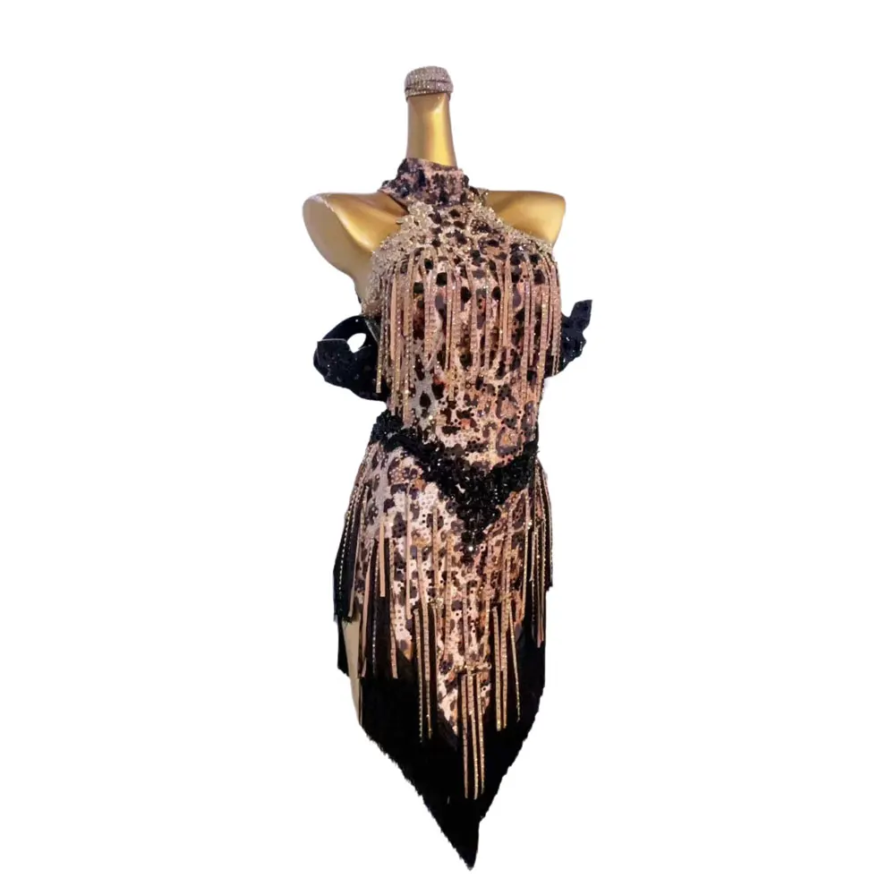 Vestido de dança latina, vestido floral com estampa de leopardo personalizado de alta qualidade, perfeito para roupas profissionais de palco adulto feminino