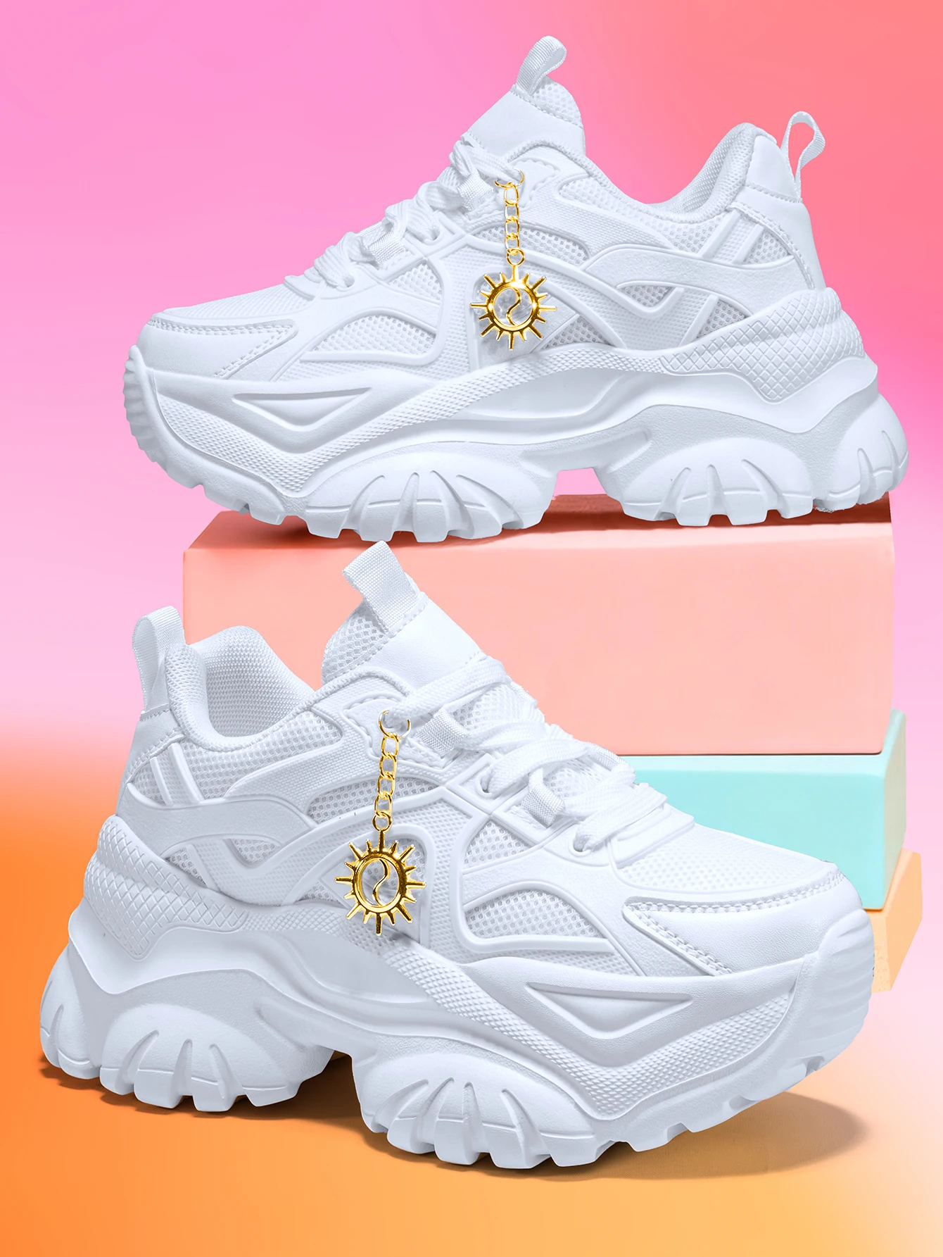 Women's Outdoor All-Season Eva Lightweight Thick-Soled Shoes with a 7cm Height Increase, White Dad Sneakers, Paired with a Detachable Gold Sun Chain Accessory