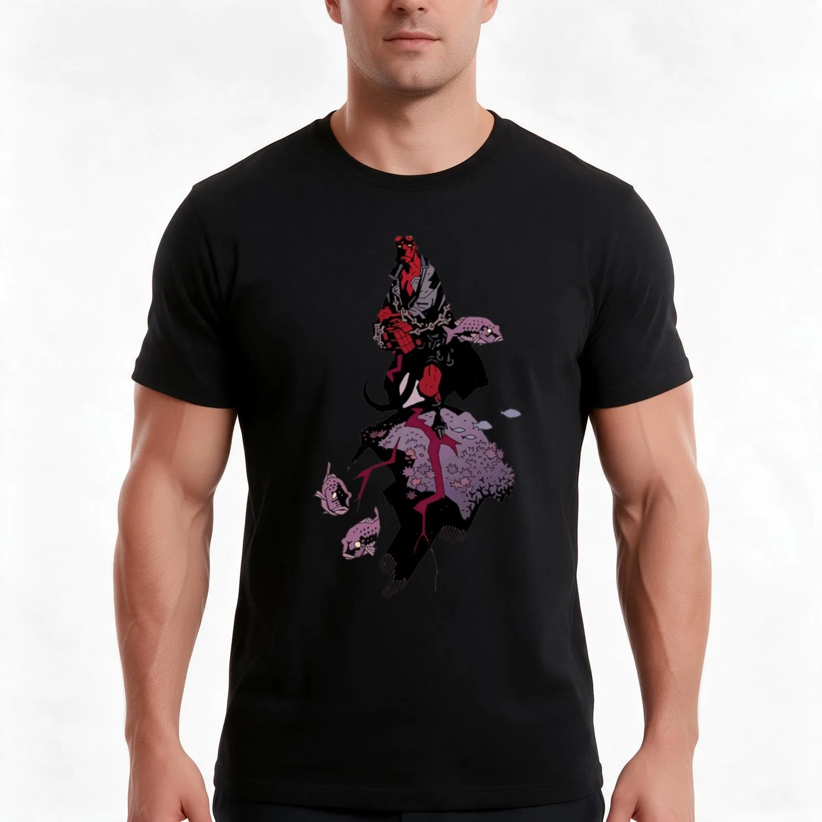 portrait of hellboy T-Shirt, Summer Casual Cotton Tee, Oversized Streetwear Tops, Vintage Graphic Print, Loose Fit Short Sleeve