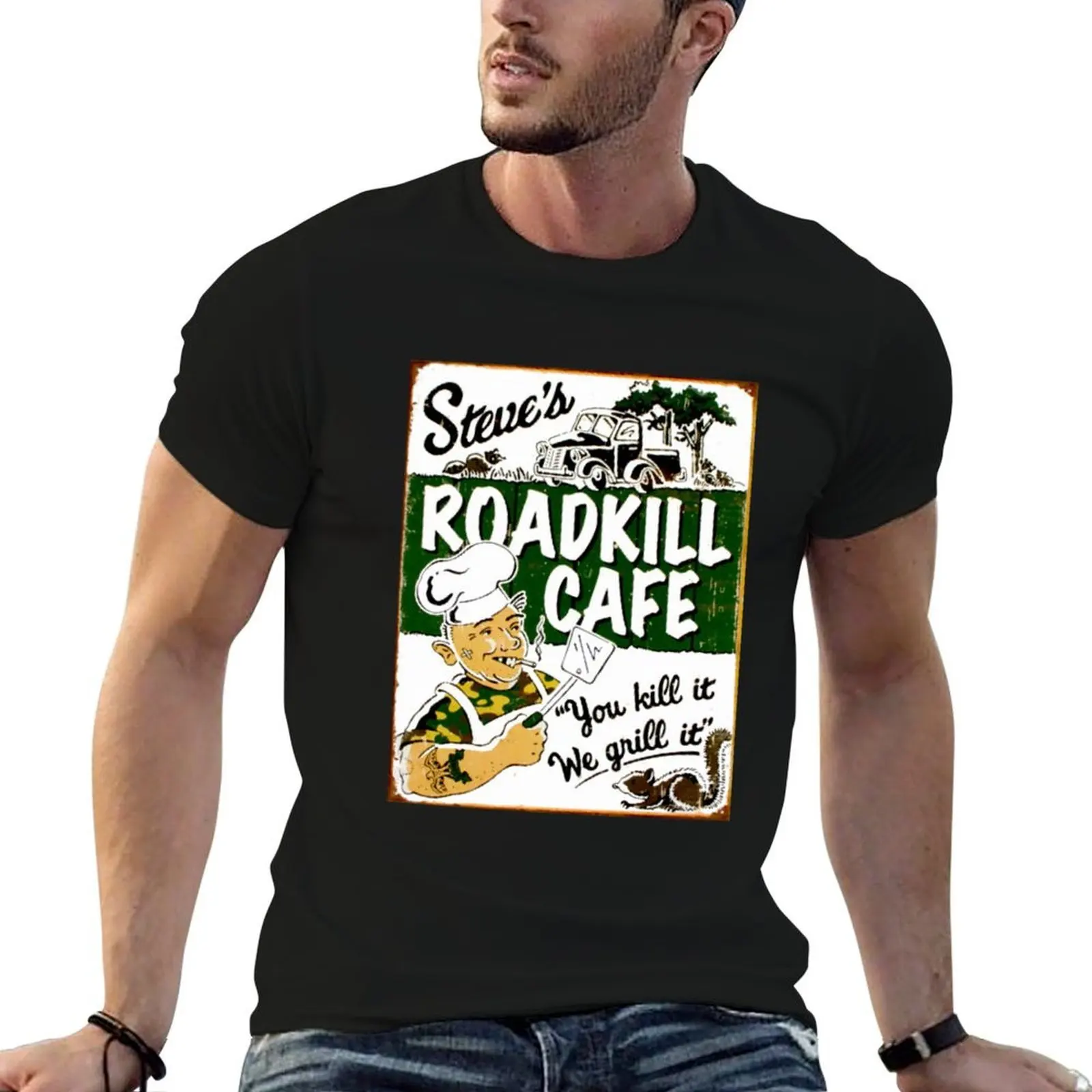 

STEVES ROADKILL CAFE Vintage Advertising Restaurant Print T-Shirt funny t shirts dark humor cotton tshirt 100% T-Shirt