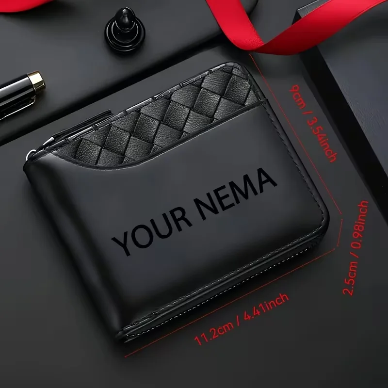 1Pc Personalized Custom Name Logo Men's Luxury Faux Leather Wallet - 1 Piece Fashionable - Embossed Top, Smooth Black Faux Leather Body, Zipper Closure, Multiple Card Slots, Large Capacity, Stitched Design - Perfect Gift for Father, Husband, Brother