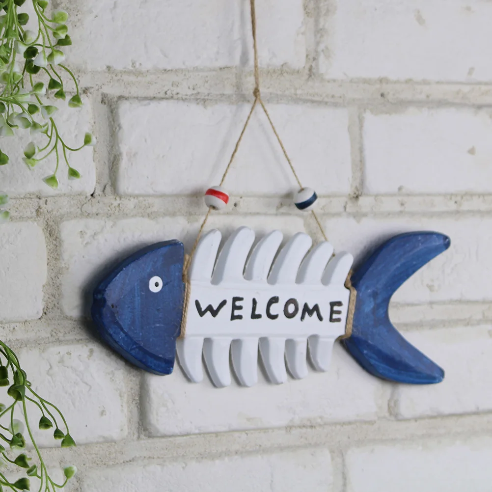 

Welcome Wooden Fish Hanging Blue White Handmade Mediterranean Style Nautical Wall Decor Rope Home Shop Cafe Beach Theme