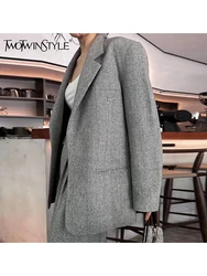 TWOTWINSTYLE Solid Casual Minimalist Blazers For Women Notched Collar Long Sleeve Loose Temperament Coat Female Fashion Style