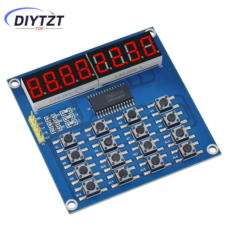 

DIYTZT TM1638 Цифровой светодиодный дисплей 8-битная цифровая трубчатая плата 3-проводная 16 клавиш 8 бит сканирования клавиатуры и светодиодный модуль KEY для Arduino
