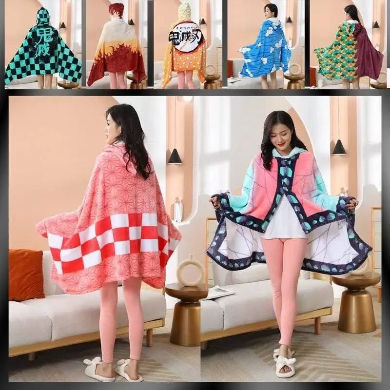 

Demon killer Plaid Blanket Anime Kimetsu Yaiba Cosplay Prop Shinobu Women Pajamas Adult Bathrobe Flannel Blanket Hoodie Shawl