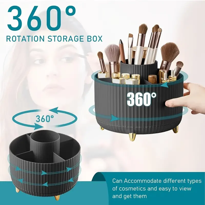 360 °   Porte-brosse de maquillage rotatif à 5 fentes, organisateur de rangement de bureau multifonctionnel, rangement de cosmétiques pour vanité, bureau, salle de bain