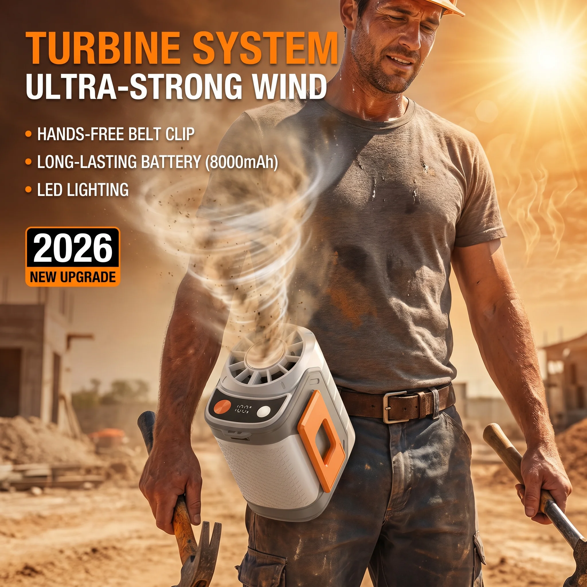 2026年新改良版、usb充電式、長時間バッテリー駆動、クランプ式で屋外工事や夏に最適な新型ポータブルウエストファン