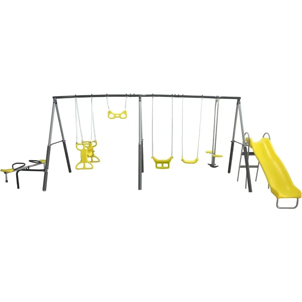 

Rising Sun Playground Metal A Frame Kids Swing Set with Outdoor Backyard Playset with Slide, See Saw, Glider, and Swings