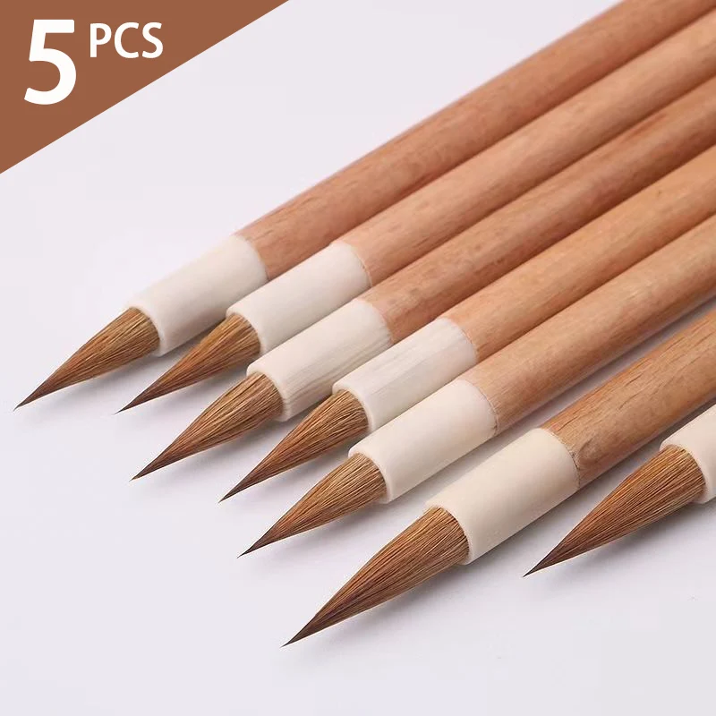 

5PCS Weasel Hair Calligraphy Brush Pens Handmade Wooden Handle Chinese Painting Brush Xiaokai Regular Script Writing Brush