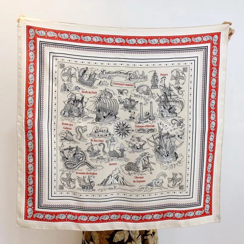 88x88cm Square Scarf 100% MULBERRY SILK Twill 14MM Vintage Nautical Map Myth Print Women Neck Scarf Head Wrap Bag Band Shawl