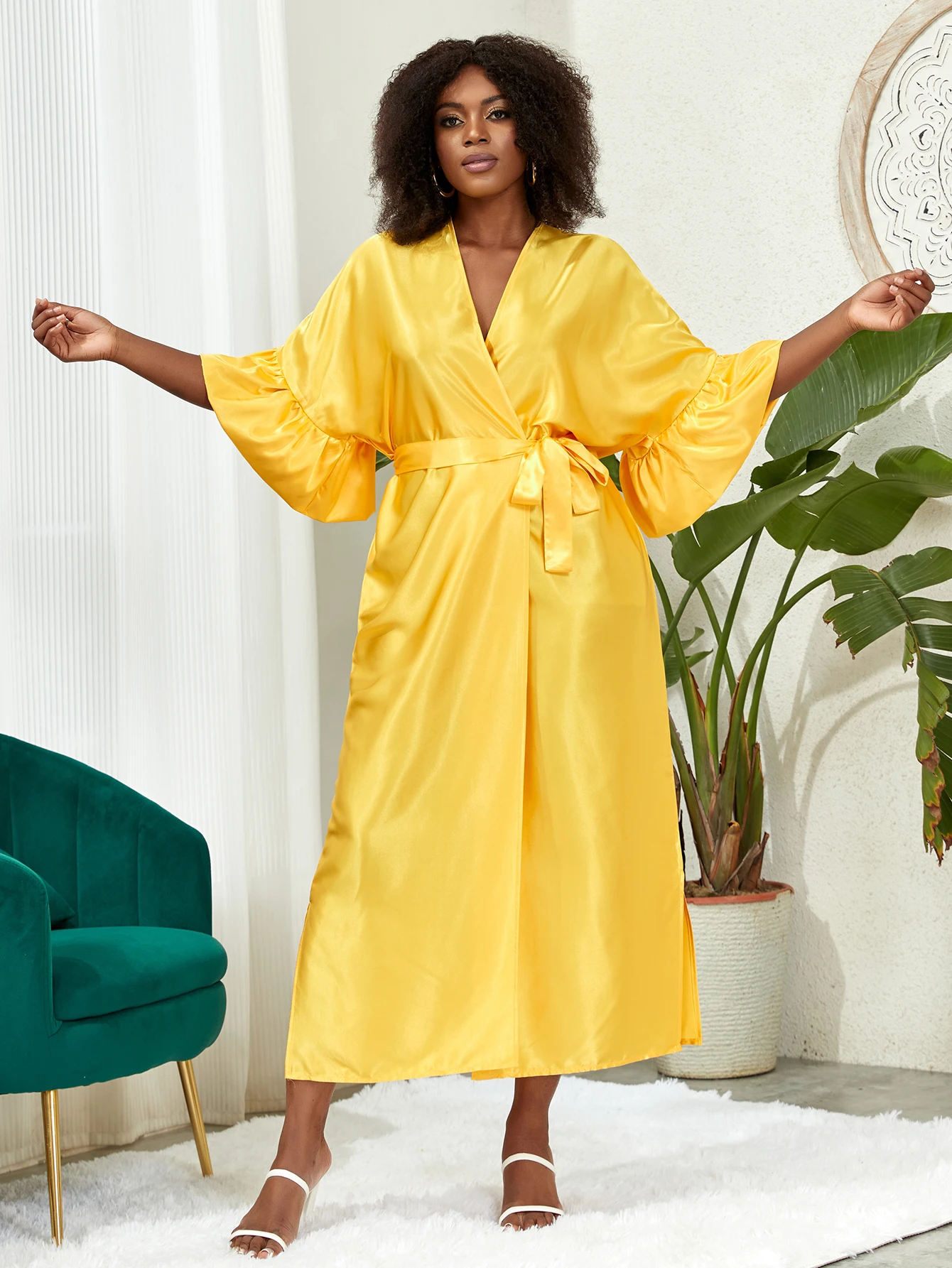 Plus Size Boho Kimono, damskie Plus nadruk lotosu kontrastowe wiązanie z długim rękawem z odkrytym przodem Kimono